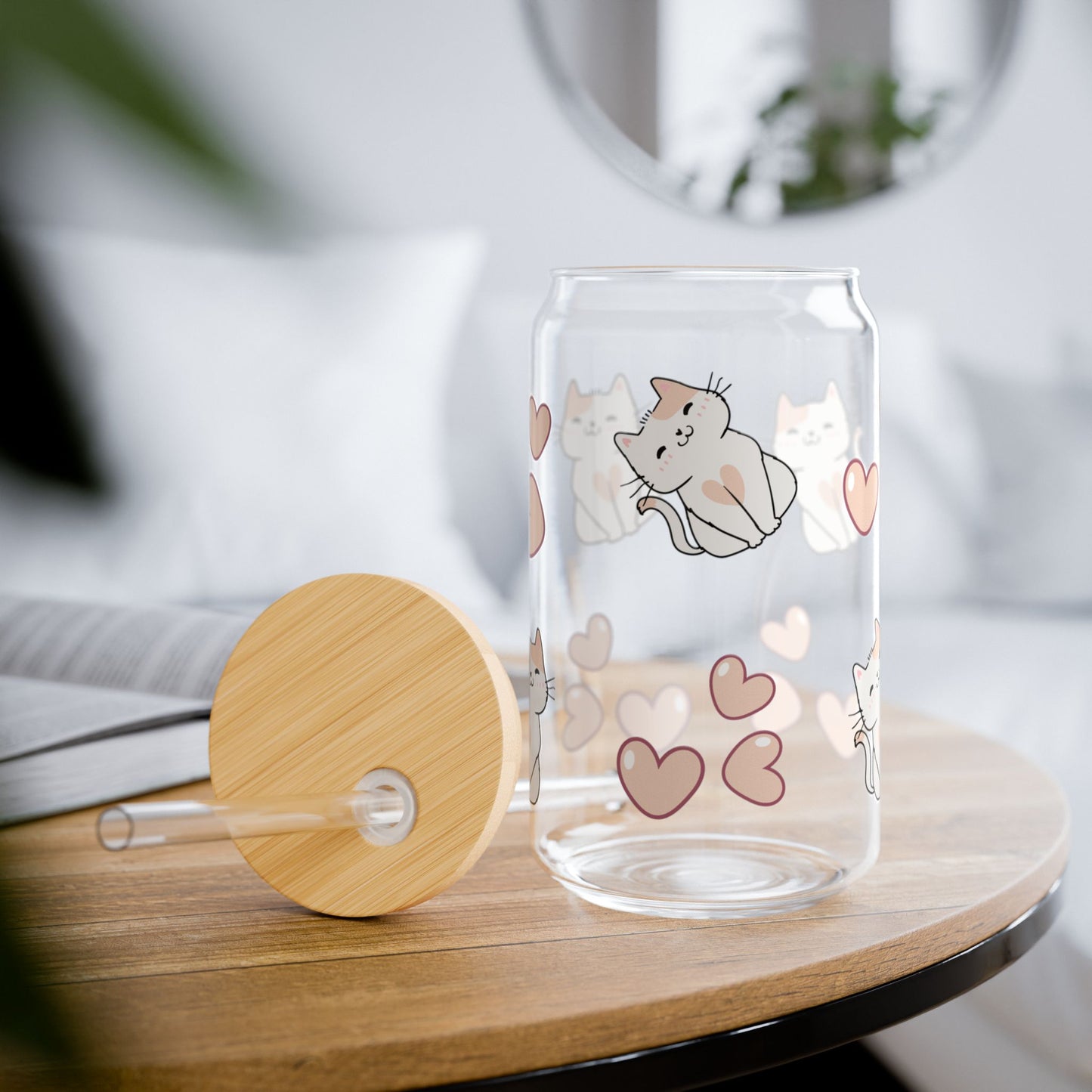 16 oz Cat & Hearts Sipper Glass – Purr-fectly Adorable