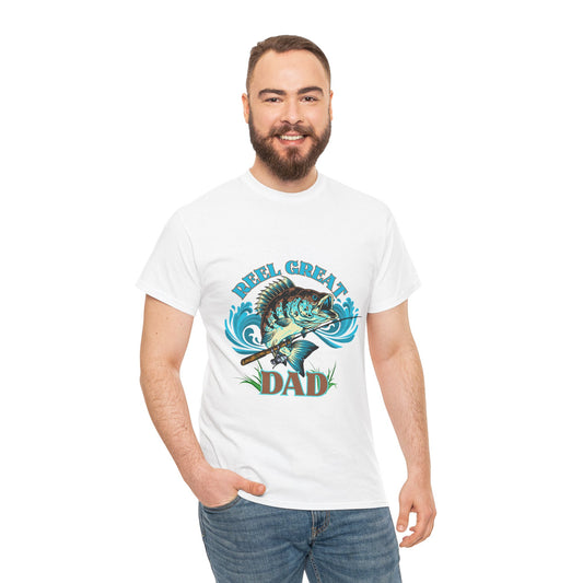 Reel Great Dad T-Shirt - Funny Fishing Shirt for Father's Day, Fisherman Gift for Dad Heavy Cotton Tee